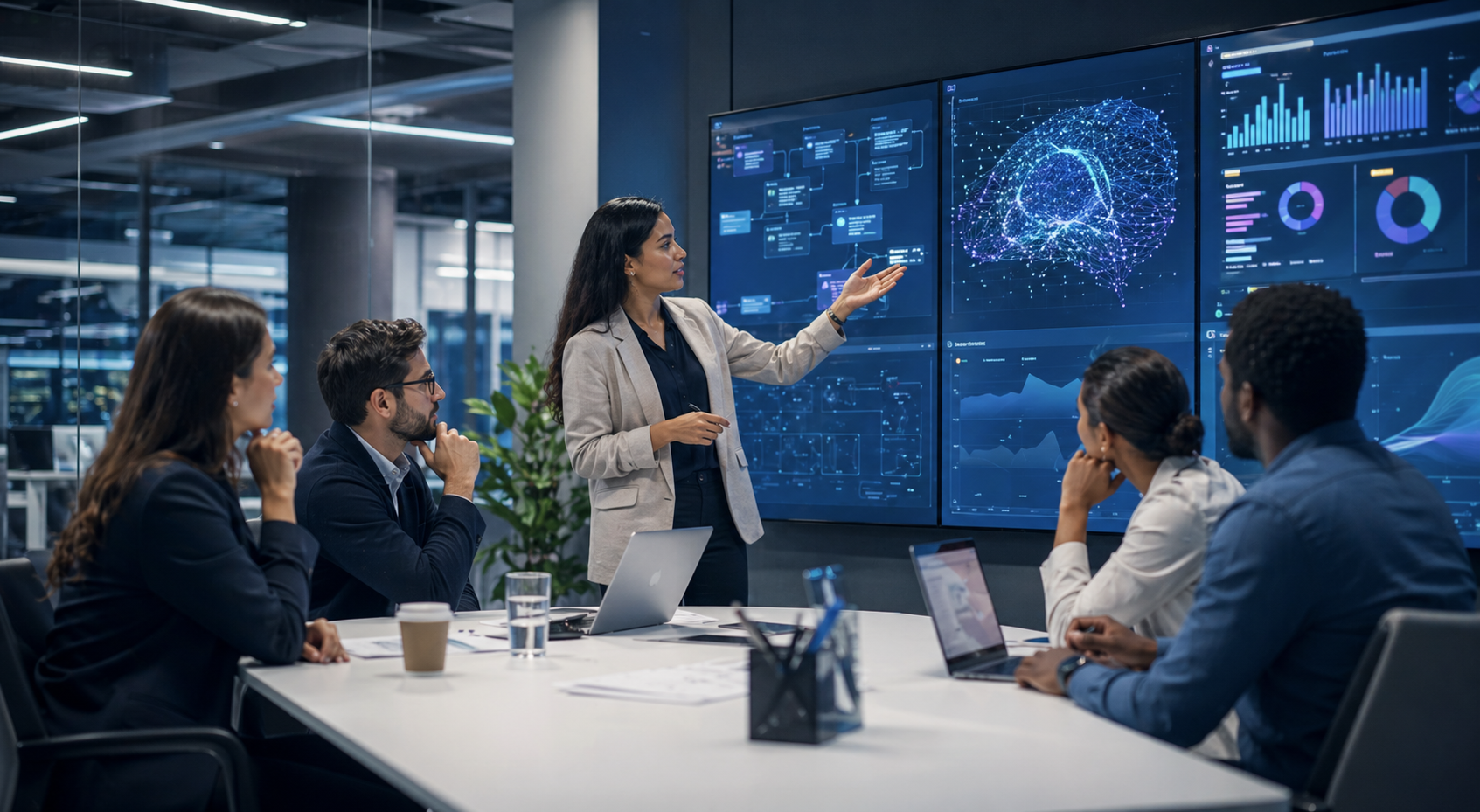AI advisory team reviewing dashboards and solution priorities