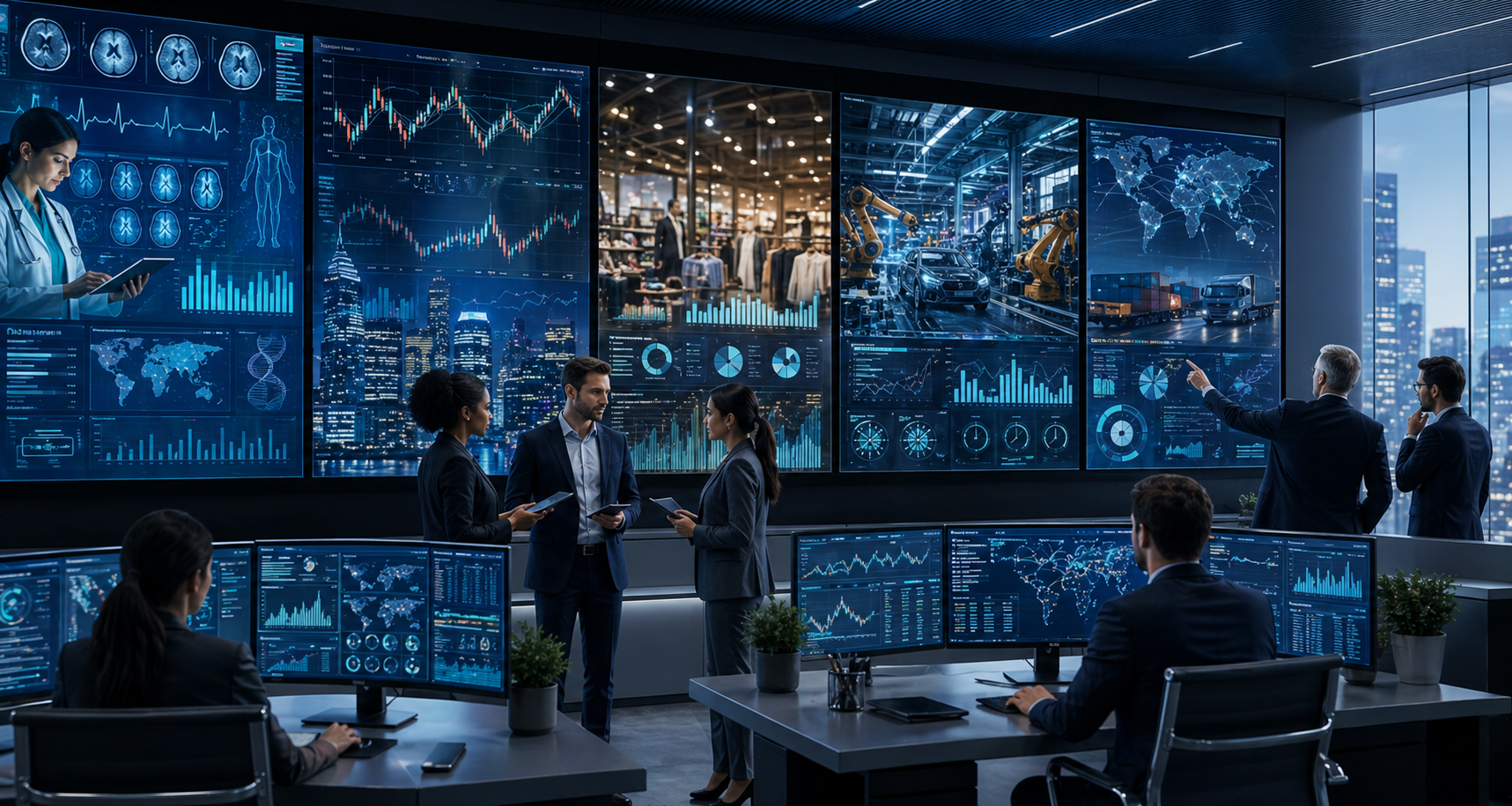 Industry intelligence wall showing healthcare finance retail manufacturing and logistics data