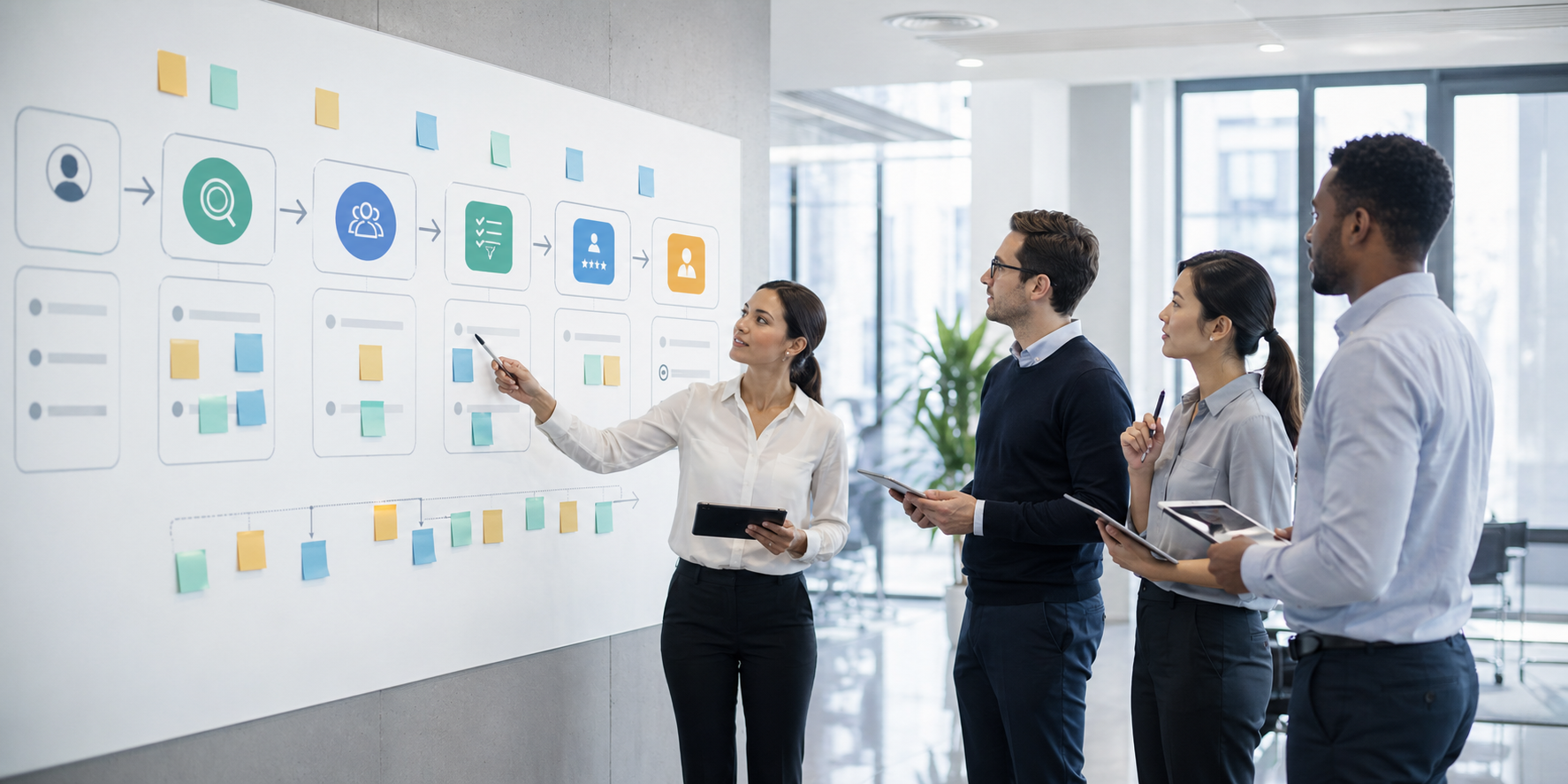 Recruiting process workflow wall with sourcing screening interview and onboarding stages