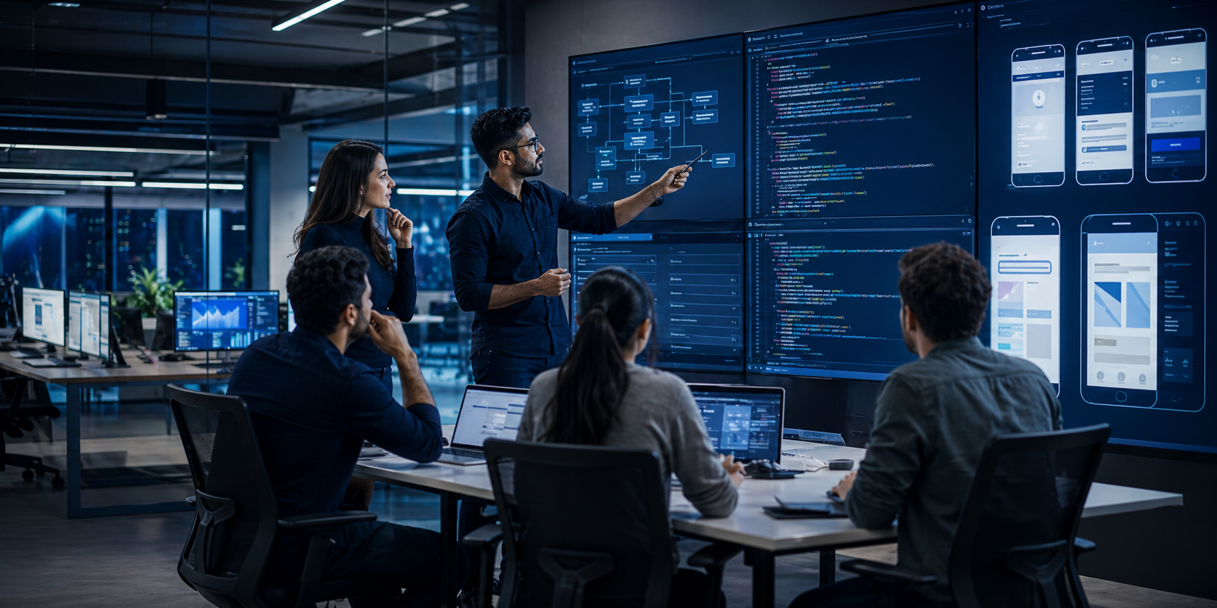 Software development team reviewing product architecture and code